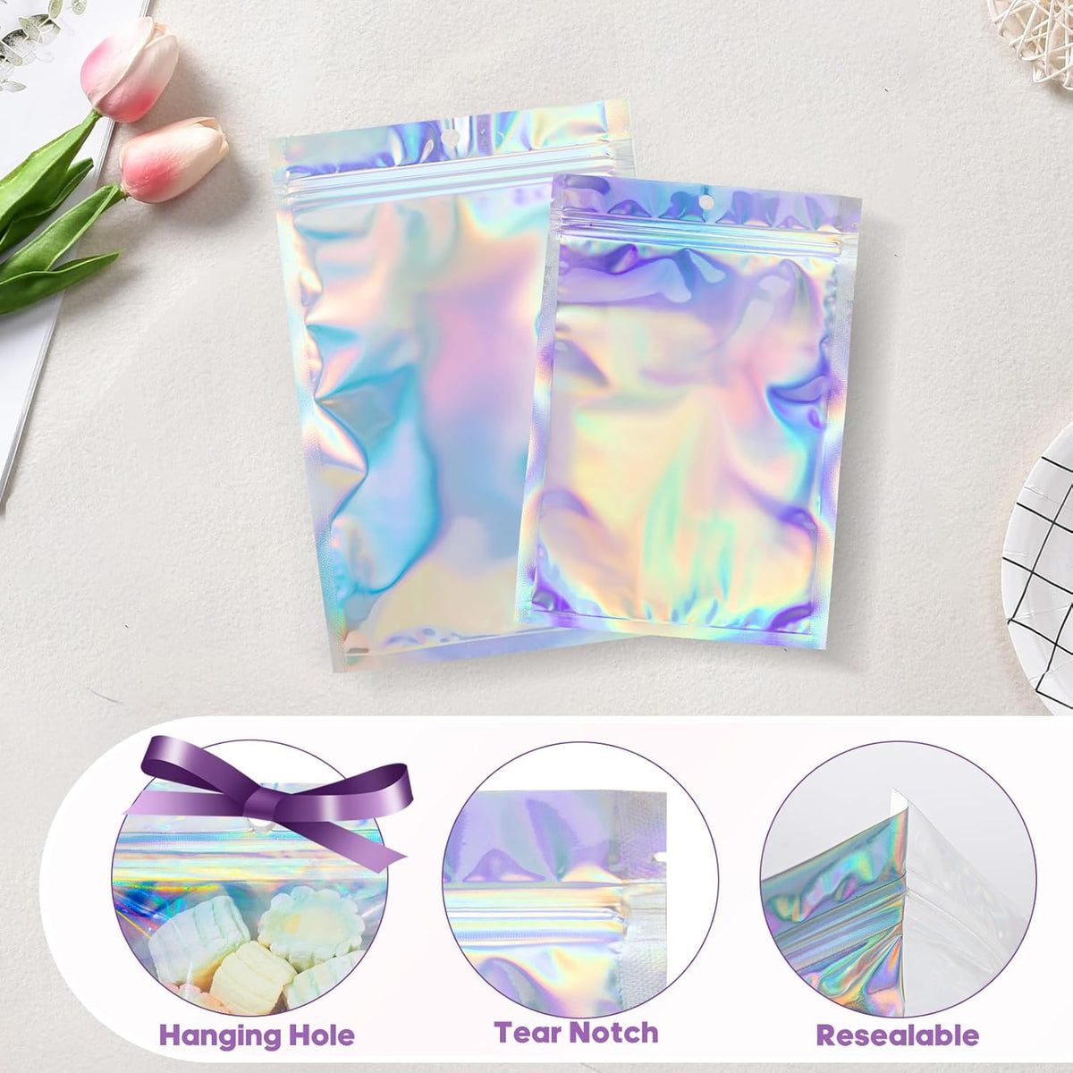 Holographic Mylar Resealable Foil Pouch- 3.1x4.7 inch